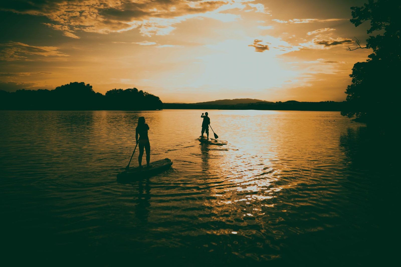 Two paddle boarders at sunset